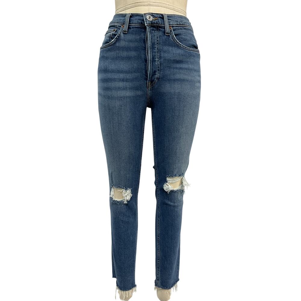 Re/Done Distressed Blue High-Rise Ankle Crop Denim Jeans Size 28